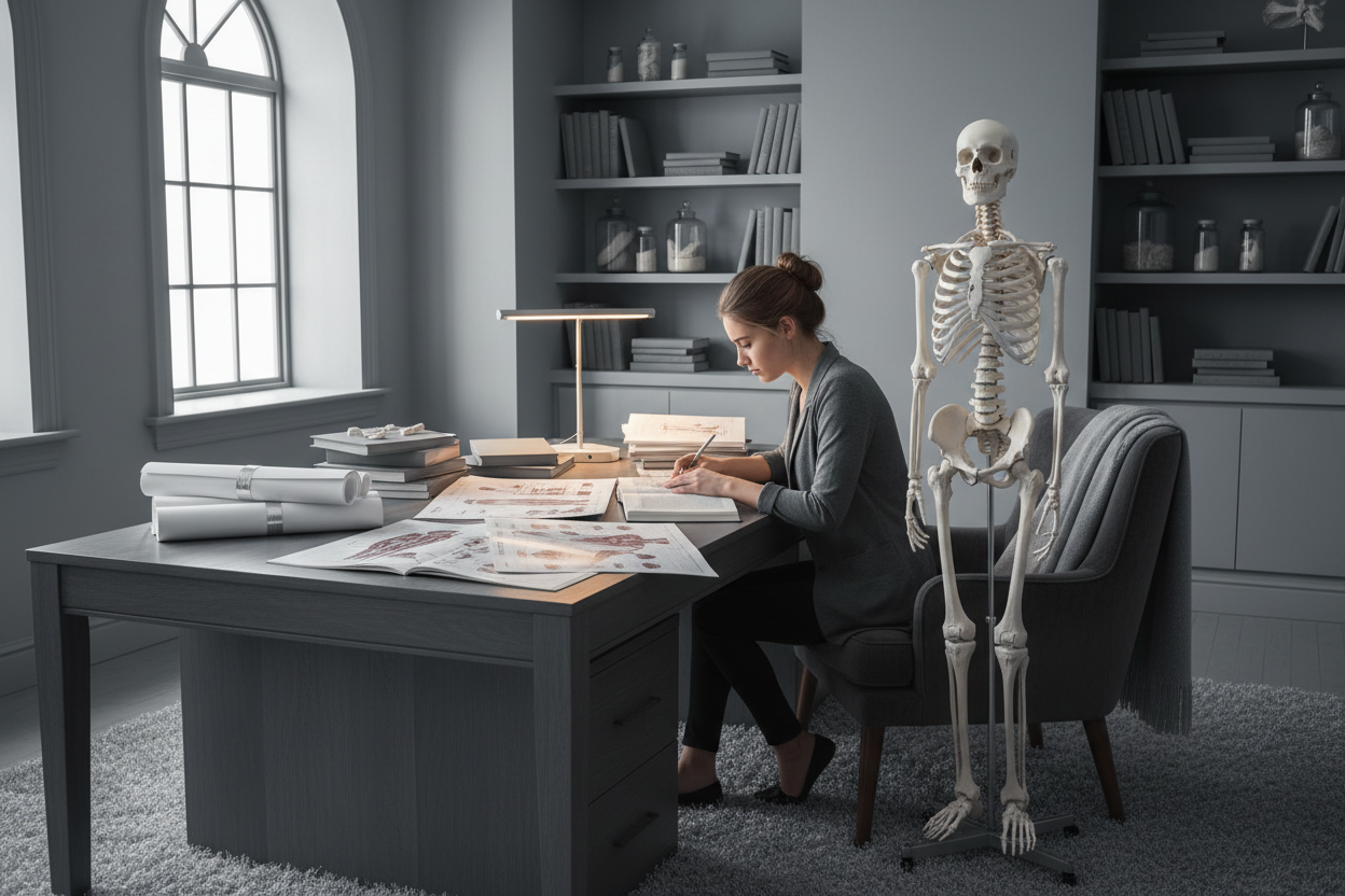aesthetic student studying anatomy, student is very beautiful and her room is shades of grey